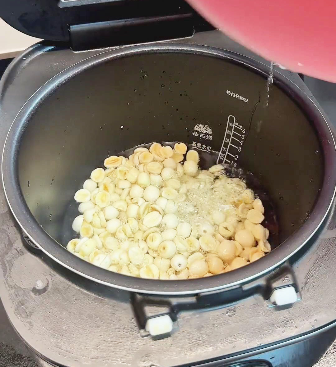 place the lotus seeds in a rice cooker and add enough water to submerge them