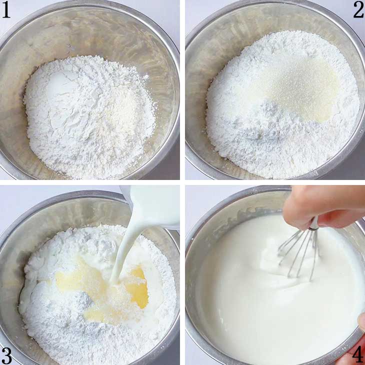 In a bowl, combine glutinous rice flour, corn starch, white sugar, corn oil, and milk.