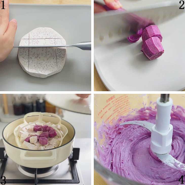 Prepare the taro and purple potato paste