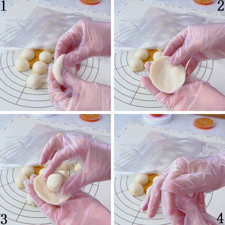 flatten a water dough ball into a circular wrapper and place the oil dough ball in the center