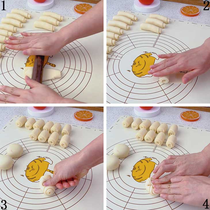 take a piece of rolled dough, flatten it again into a long oblong sheet, and roll it up